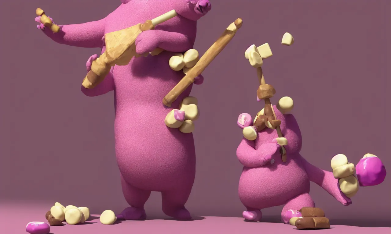 Prompt: A pinkish chocolate bear is holding a white chocolate hammer while being inside a box and surrounded by chocolate candies. From Toy Story (1995), trending on artstation, 4k ultra hd, super detailed, octane render,