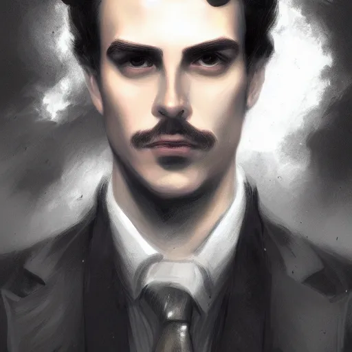 Image similar to portrait of mysterious handsome noir spacetime detective by Dante Gabriel Rossetti and Edward Moran and Charlie Bowater, magical realism, cgsociety, artstation