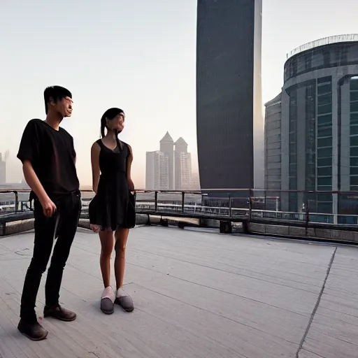 Image similar to a small rooftop with a couple of modern teenagers, standing and talking to each other, wearing black modern clothes, modern shanghai bund is on the background, sunset, by gregory crewdson, by asher brown durand