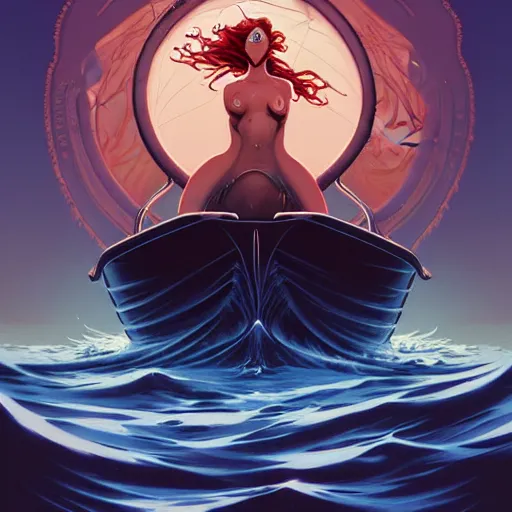 Image similar to in the style of Steve Niles, Joshua Middleton, Peter Mohrbacher and artgerm, Chtulhu rising from the water staring at a boat, Lovecraftian, ocean, night, storm, lighting, terror, horror