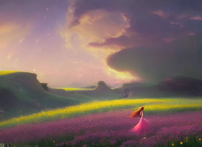 Prompt: a lone princess walks through a vast flower field in the cosmic sky by guweiz and peder mørk mønsted and delphin enjolras