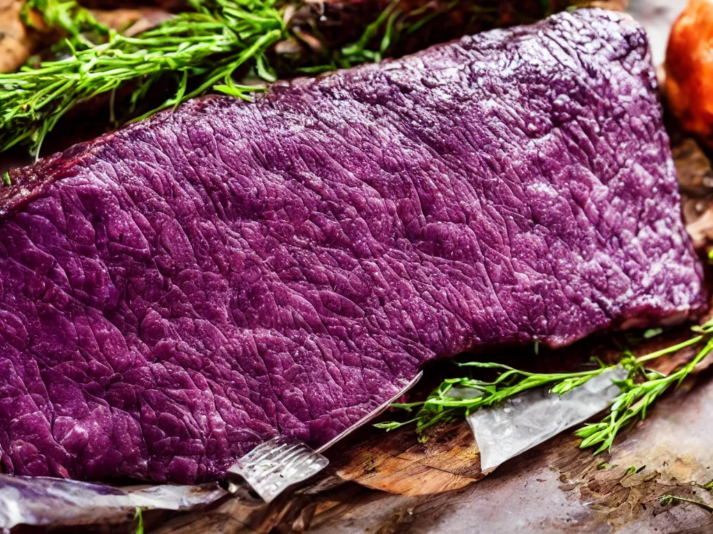 Prompt: shiny purple slab of meat being eaten by flies, nightmare, horror,