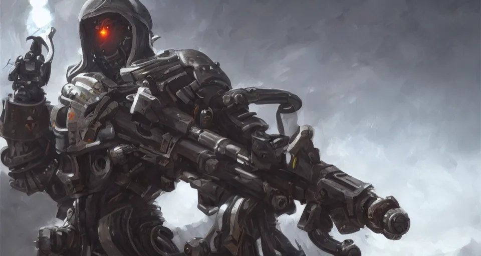 Image similar to Trending on artstation. 4k. Masterpiece. Cybernetic holy warrior on the battlefield holding a large machine gun.