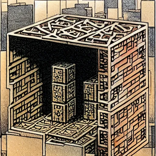 Prompt: milo manara art of woman exploring a giant menger sponge