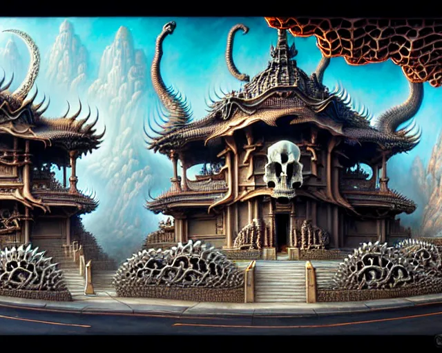 Image similar to street view of a temple made of dragon skulls and bones, fantasy landscape made of fractals facing each other, ultra realistic, wide angle, intricate details, the fifth element artifacts, highly detailed by peter mohrbacher, hajime sorayama, wayne barlowe, boris vallejo, aaron horkey, gaston bussiere, craig mullins