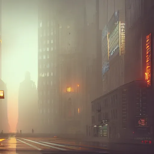 Image similar to in a city with a rich history, the huge building stands in the middle, the road is full of ghosts, blade runner 2 0 4 9, highly detailed, cinematic landscape ， foggy ， octane render ， trending on behance,