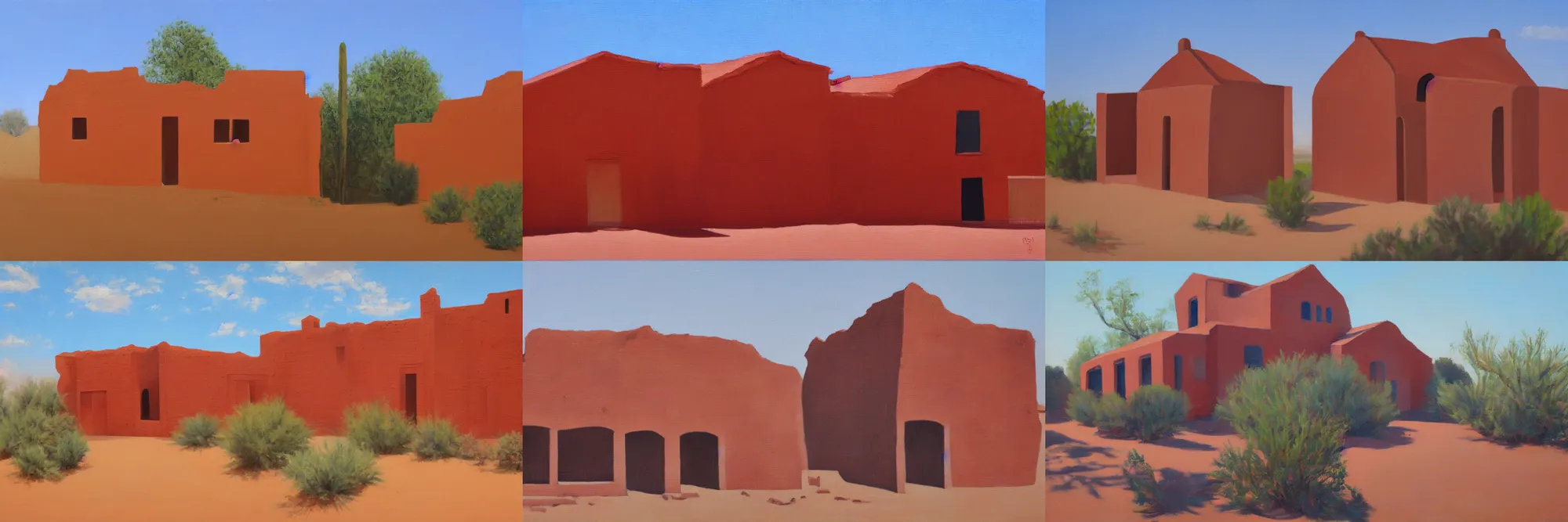 Prompt: an house of red bricks in a middle of the desert, sky is blue with few clouds, oil painting on canvas