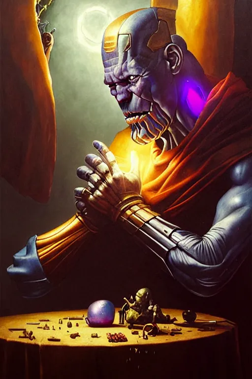 Image similar to hieronymus bosch, greg rutkowski, anna podedworna, painting of thanos eating the infinity gauntlet