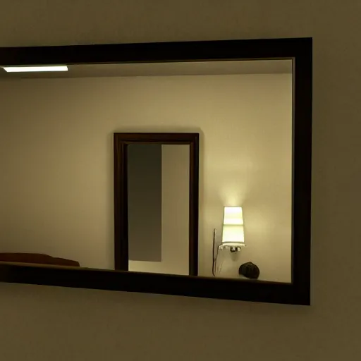 Image similar to a mirror but in the reflection is a fantasy world, dynamic lighting, photorealistic, ambient lighting