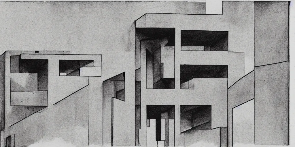 Prompt: brutalist building facing. yugoslavia, le corbusier, central symmetry, golden ratio, black and white color scheme, etching render