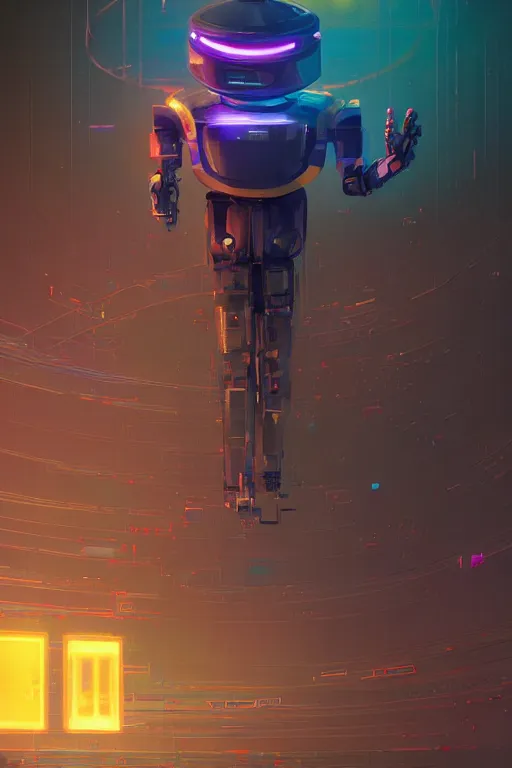 Prompt: techno magic robot surrounded by techy glowing glitch magic, intersting composition, casette futurism, d & d, sketchy lines and brushstrokes, no blur, 4 k resolution, ultra detailed, style of greg rutkowski, zac retz, kawase hasui, beeple, eddie mendoza, alphonse mucha,