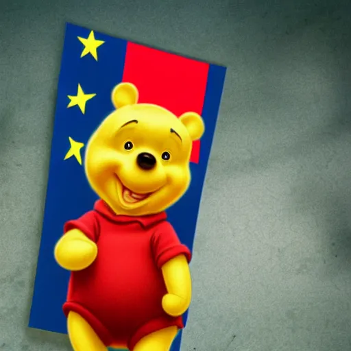 Image similar to hyperrealistic, hdr, 4 k, 8 k, photograph, cinematic lighting, moody overtones, drawing of winnie the pooh in china, with a chinese flag behind him