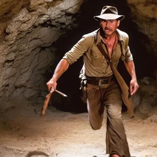 Image similar to indiana jones movie, running away from a builder in a cave