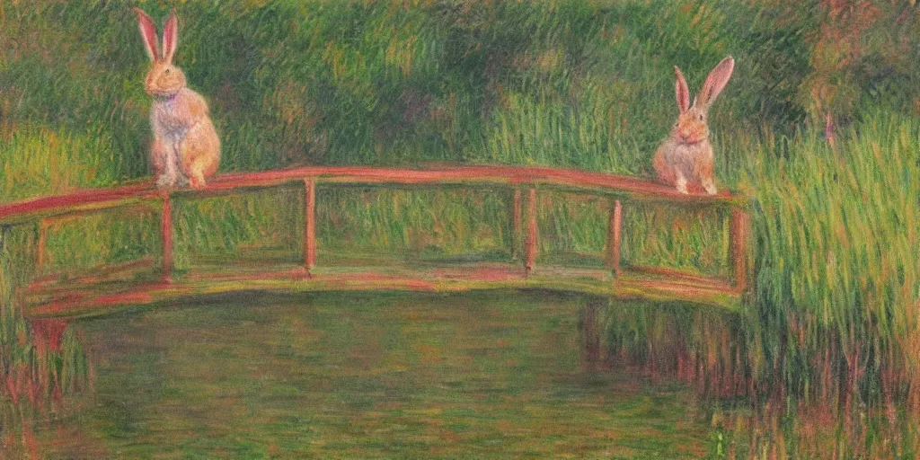 Image similar to a painting of a rabbit standing on a small wooden bridge, in the style of monet