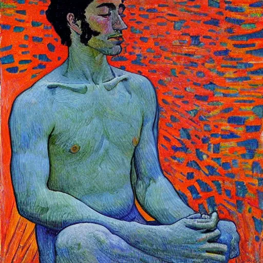 Image similar to by tom thomson, by louis rhead straight surrealism. a art installation of a man with a large head, sitting in a meditative pose. his eyes are closed & he has a serene look on his face. his body is made up of colorful geometric shapes & patterns that twist & turn in different directions.