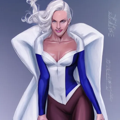 Prompt: portrait of emma frost, a beautiful woman in her 3 0 s with white blonde hair and blue eyes, dressed in a fashionable white suit, detailed face, smooth, sharp focus, teasing smile, artstation, art by knight zhang,