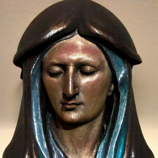 Prompt: holy roman chalkware bust of a crying our lady of sorrows antique painted sacred Catholic pearlescent coloring