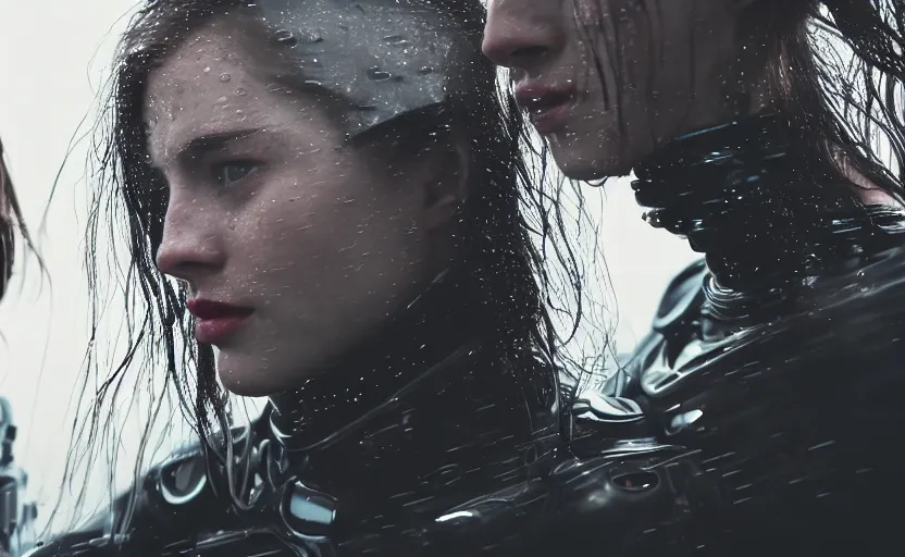 Prompt: cinestill 5 0 d candid action photographic portrait by christopher nolan of two loving female androids wearing rugged black mesh techwear in treacherous waters, extreme closeup, modern cyberpunk retrofuturism moody emotional cinematic, pouring iridescent rain, 8 k, hd, high resolution, 3 5 mm, f / 3 2, motion blur, ultra realistic faces, ex machina