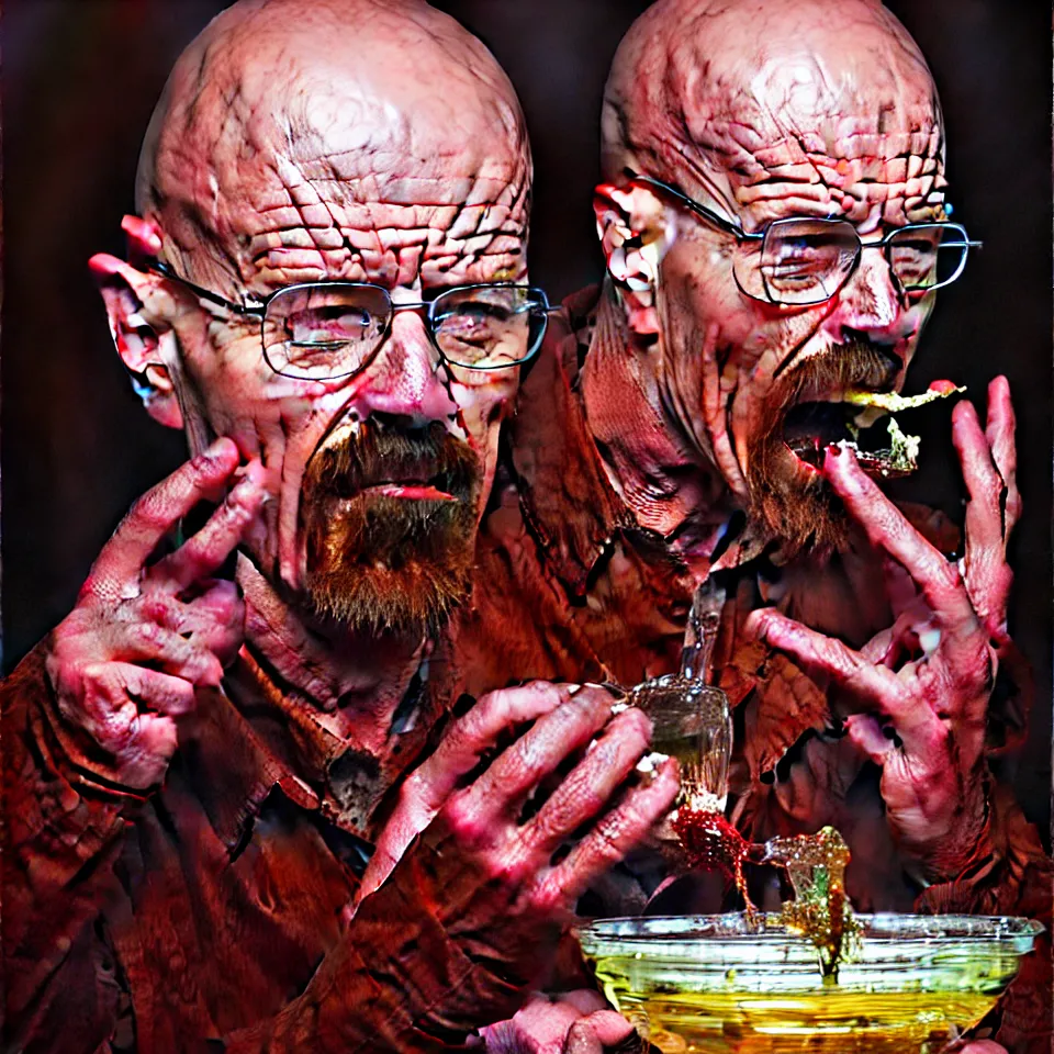 Prompt: weird and disturbing psychedelic walter white eating rotten flesh, laughing and puking blood, diffuse lighting, fantasy, intricate, elegant, highly detailed, lifelike, photorealistic, oil painting, illustration, concept art, smooth, sharp focus, art by francis bacon