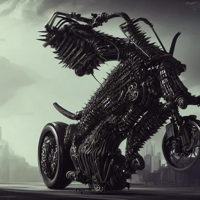 Image similar to spinal spiky ribbed black futuristic cyberpunk motocycle motorbike, concept art, beautiful intricate insanely detailed octane render, artstation, 8 k artistic photography, photorealistic, volumetric perfect light, chiaroscuro, raphael, caravaggio, beksinski, rutkowski, giger