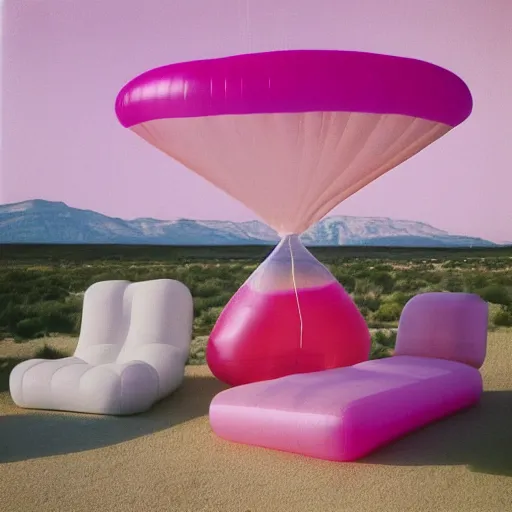 Image similar to a pastel colour high fidelity Polaroid art photo from a holiday album at a pink desert with abstract inflatable parachute furniture, all objects made of transparent iridescent Perspex and metallic silver, no people, iridescence, nostalgic