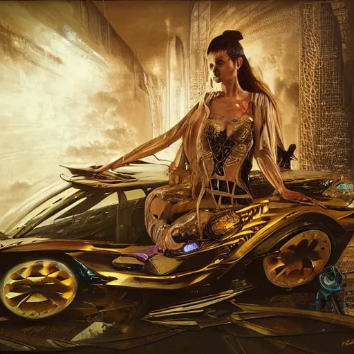 Image similar to a futuristic sci - fi cyberpunk, electric, neo - gypsy caravan, decorated polished wood, lace and velvet and silk material, volume light, hyper realistic, highly detailed, 4 k, by karol bak