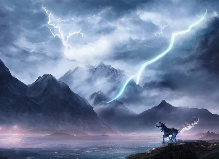 Image similar to digital art, trending on artstation, unicorn fighting a dragon, storm, mountains in the background, foggy, high details