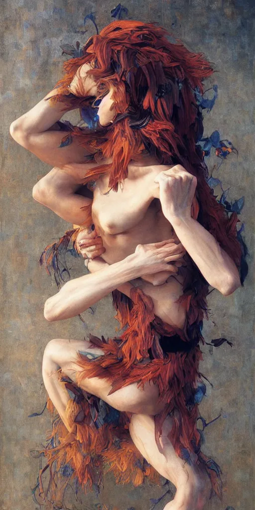 Prompt: epic masterpiece full body portrait half fox half woman, crying, acrobatic pose, beautiful face and flawless skin, by Edgar Maxence and Ross Tran and Michael Whelan