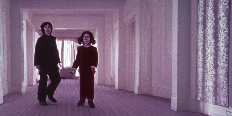 Image similar to photorealistic ultra wide cinematography of danny and wendy torrance from stanley kubrick's 1 9 8 0 film the shining, walking inside and navigating through the hedge labyrinth outside overlook hotel shot on 3 5 mm eastman 5 2 4 7 film by the shining cinematographer john alcott shot on a wide kinoptik tegea 9. 8 mm lens. with golden ratio composition