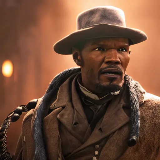 Image similar to Jamie Foxx as Django from Django Unchained in 'Gears of War', splash art, movie still, cinematic lighting, detailed face, dramatic, octane render, long lens, shallow depth of field, bokeh, anamorphic lens flare, 8k, hyper detailed, 35mm film grain