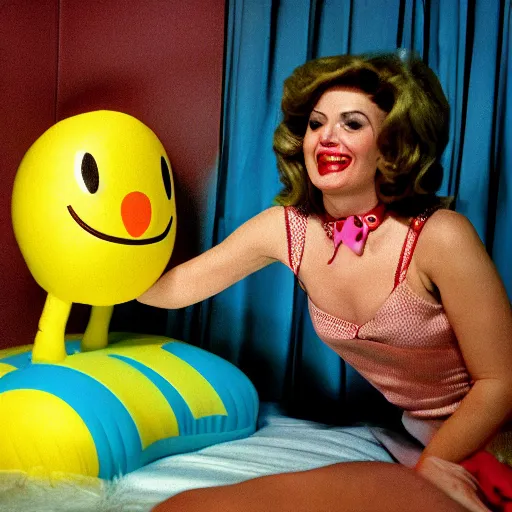 Image similar to bored housewife meets a smiley inflatable toy in a seedy motel room, 1982 color Fellini film, ugly motel room with dirty walls and old furniture, archival footage, technicolor film, 16mm, live action, John Waters, wacky comedy