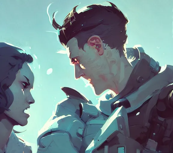 Image similar to portrait jayce and viktor by atey ghailan, by greg rutkowski, by greg tocchini, by james gilleard, by joe fenton, by kaethe butcher, by ashley wood, dynamic lighting, gradient light blue, brown, blonde cream and white color scheme, grunge aesthetic