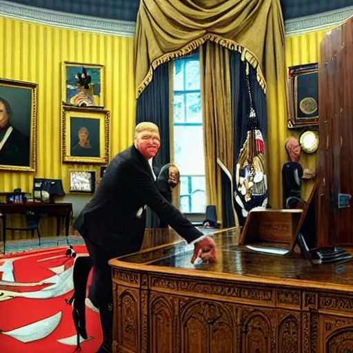 Image similar to senator armstrong!!!!!!!!!!! from metal gear rising revengeance!!!!!!!! sitting behind resolute desk, oil painting, presidential portrait, oval office