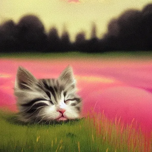 Prompt: kitten sleeping on the green grass, pink clouds backlit by yellow sun, nostalgic, calming, aesthetic, volumetric fog, godrays, high contrast, high contrast, high contrast, vibrant colors, vivid colors, high saturation, by Greg Rutkowski and Jesper Ejsing and Raymond Swanland and alena aenami, featured on artstation, wide angle