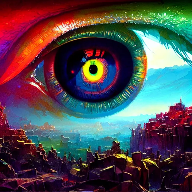 Prompt: microscopic view of the human eye, fantasy landscape inside the eye, illuminati eye, colorful, sharp and focus, ultra detailed, beautifully lit, in the art style of marc simonetti and john harris