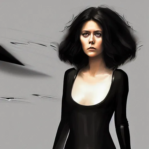 Prompt: a woman who looks like a mixture between Elizabeth Olsen, Mary Elizabeth Winstead and young Sigourney Weaver, black bob hair, wearing futuristic beige and black utilitarian jumpsuit, scifi, highly detailed portrait, digital painting, artstation, concept art, smooth, sharp focus, illustration, ArtStation HQ