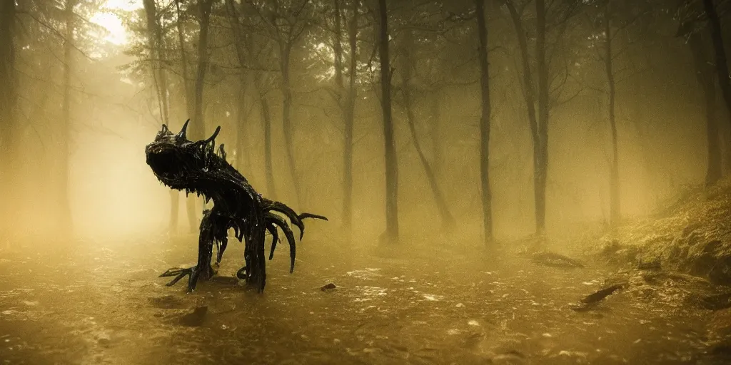 Image similar to photo unknown menacing slimy wet nightmarish!!!, hellish!!!, visceral!!!, alien!!! creature, forested area, fog, rain, volumetric lighting, beautiful, golden hour, sharp focus, ultra detailed, cgsociety