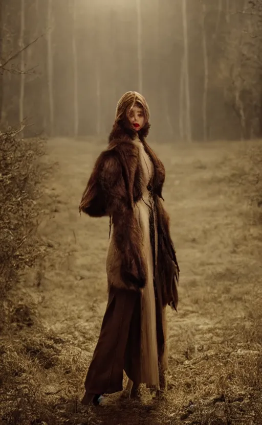 Image similar to a woman wearing an outfit inspired by raised by wolves ( 2 0 2 0 ), artistic photography, photorealistic, fashion photography, vogue magazine, 4 k, cinematic lighting