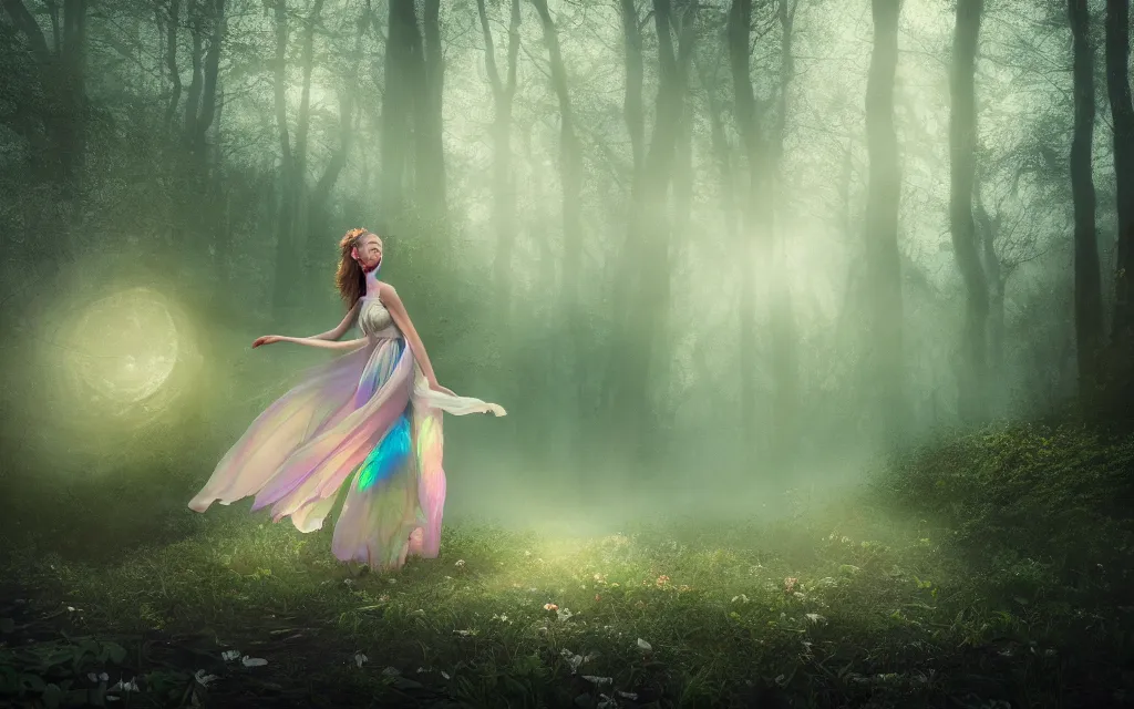 Image similar to a beautiful faery wearing petals made of chiffon folds, beautiful face, silk luminescent, iridescent, pearlescent, glint, rays, spring season, in a dense forest, twilight light, film grain, cinematic, wild flowers, clear river running trough the woods, mist, dreamy, 8 k, octane rendering