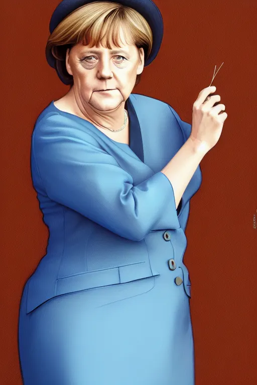 Image similar to angela merkel in a thin blue dress, realistic portrait, symmetrical, highly detailed, digital painting, artstation, concept art, smooth, sharp focus, illustration, cinematic lighting, art by artgerm and greg rutkowski and alphonse mucha