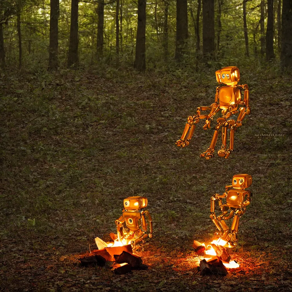 Image similar to translucent robot sitting by a campfire in the woods at night, back turned, award winning photograph, sigma 8 5 mm f / 8, hyperrealistic, somber, contemplative, moody