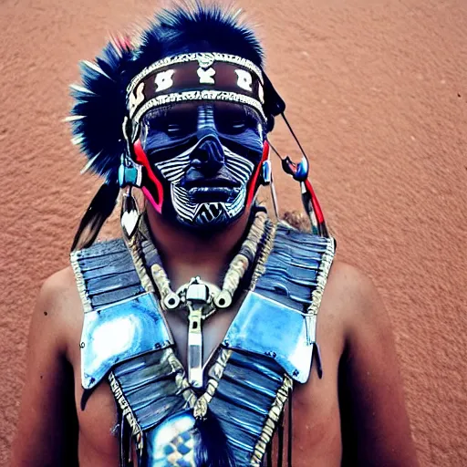 Prompt: photo of a real-life futuristic cyber native american warrior