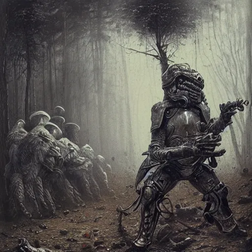 Image similar to Stoned steampunk stormtrooper shoot at drunk mad mushroom-werewolf by Gustave Doré, Greg Rutkowski, Zdzisław Beksiński