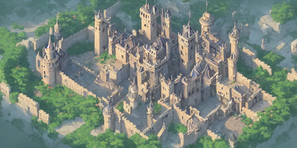 Prompt: rpg isometric top view of a lovely anime medieval fantasy castle!! jrpg!! cory loftis, james gilleard, atey ghailan, makoto shinkai, goro fujita, studio ghibli, rim light, exquisite lighting, clear focus, very coherent, plain background, soft painting