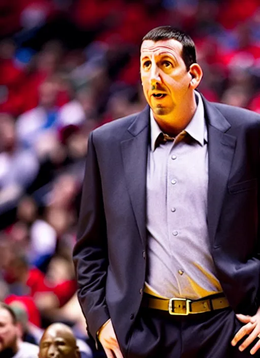 Prompt: film still of adam sandler as the head coach of the toronto raptors, portrait, photo, hyper detailed, dramatic, cinematic, 1 6 k