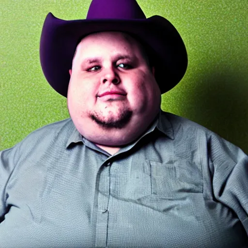 Prompt: morbidly obese 2000kilo snake oil salesman wearing authentic purple green sip tech cowboy augmentation standing in front of blank background