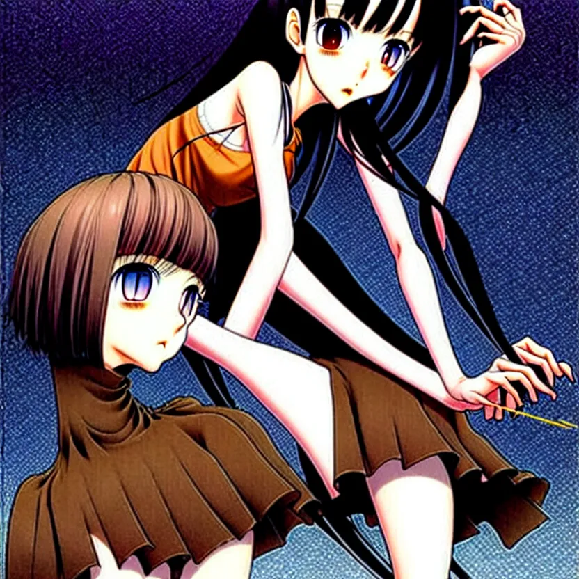 Image similar to girl with morbid thoughts wearing a black spring dress with short brown hair, queen of sharp needles and under the effect of euphoria, by Range Murata, Katsuhiro Otomo, Yoshitaka Amano.