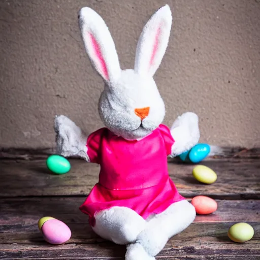 Image similar to a cute easter bunny sitting on a tire, studio photo, high quality