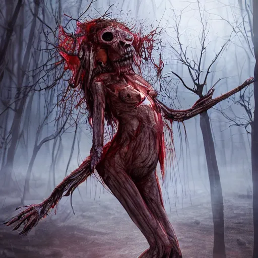 Prompt: A realistic detailed photo of a creepy witch, extra detailed body, crooked legs, blood, exploded belly, red eyes, destroyed body, dead skin, dead trees, detailed body, teeth filled with cavities, foggy landscape, creepy, light particles, detailed light, realistic shaders, trending on artisation, detailed textures, detailed, realistic.