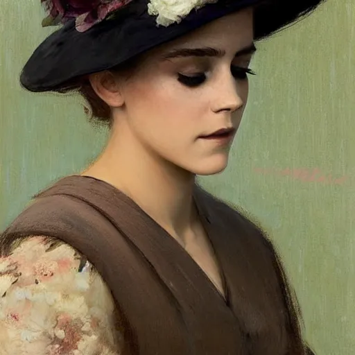 Prompt: blindfolded very thick paint brush strokes paint texture full body fashion model emma watson by Jeremy Lipking by Hasui Kawase by Richard Schmid (((smokey eyes makeup eye shadow fantasy, glow, shimmer as victorian woman in a long white frilly lace dress and a large white hat having tea in a sunroom filled with flowers, roses and lush fern flowers ,intricate, night, highly detailed, dramatic lighting))) , high quality